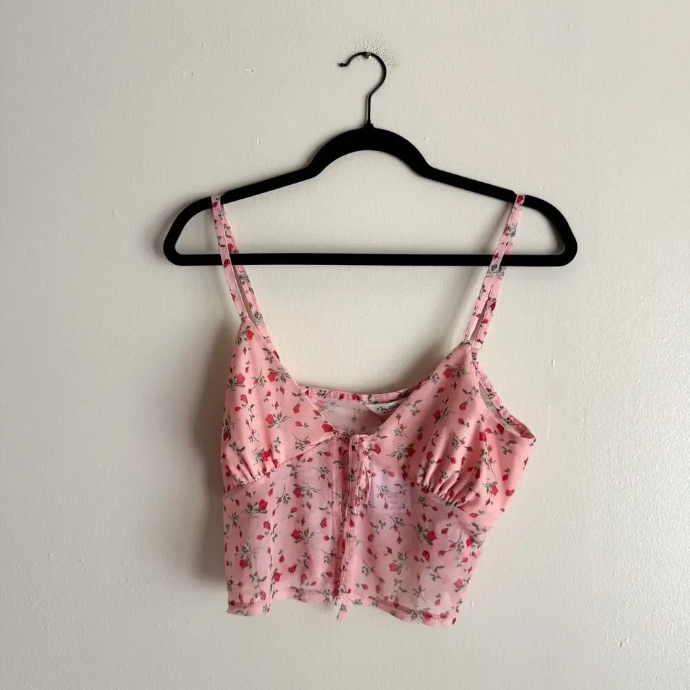 Miss Selfridge Pink + Red Rose Print Sheer Crop Tank Top Size 10 NWT Festival